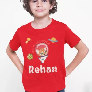 Red cotton kids T shirt with space astronaut design and custom name print