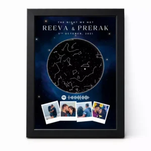 Personalized framed star map poster featuring a custom night sky design, couple photos, names, date, and Spotify song code.