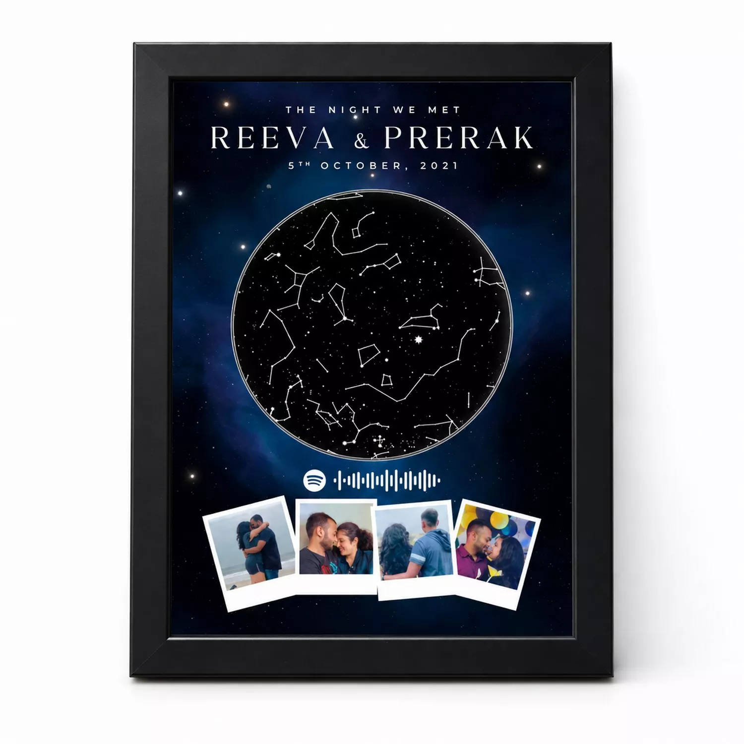 Personalized framed star map poster featuring a custom night sky design, couple photos, names, date, and Spotify song code.