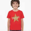 Child wearing red personalized cotton T shirt with gold star and custom name print