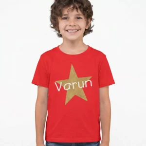 Child wearing red personalized cotton T shirt with gold star and custom name print