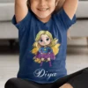 Personalized superhero kids name T-shirt with cute girl superhero cartoon and custom name print for children birthday gift.