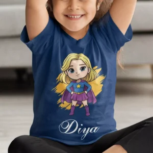 Personalized superhero kids name T-shirt with cute girl superhero cartoon and custom name print for children birthday gift.