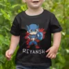 Personalized superhero kids name T-shirt with captain style hero design printed with child name Reyansh on black T-shirt for birthday gift.