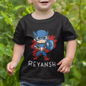 Personalized superhero kids name T-shirt with captain style hero design printed with child name Reyansh on black T-shirt for birthday gift.