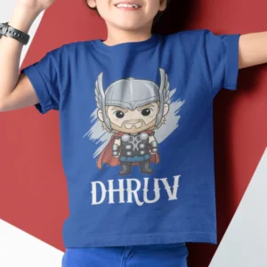 Personalized superhero kids name T-shirt with Thor style character and custom printed child name for birthday gift in India