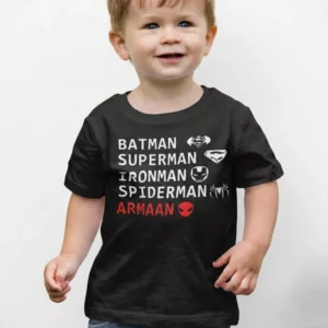 Child wearing black personalized superhero theme cotton T shirt with custom name print