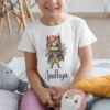 Personalized superhero name T-shirt for kids featuring cartoon girl superhero character with custom child name printed on cotton T-shirt.