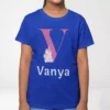 Blue cotton personalized T shirt with unicorn design and custom name Vanya printed below large initial letter