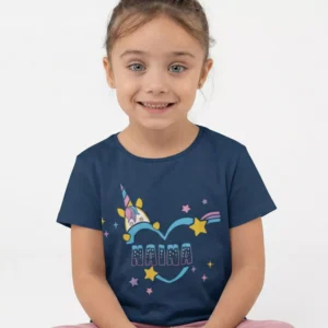 Child wearing navy blue personalized unicorn name cotton T shirt with colorful star design