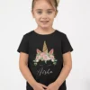 Black cotton kids T shirt with floral unicorn design and custom name print