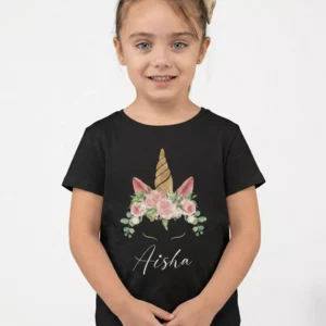 Black cotton kids T shirt with floral unicorn design and custom name print