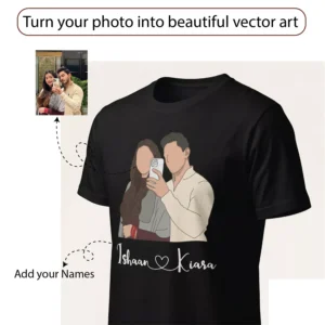 Alternative view of Personalized Couple Photo Illustration T-Shirt – Custom Names Matching Tees for Anniversary & Prewedding Photoshoot