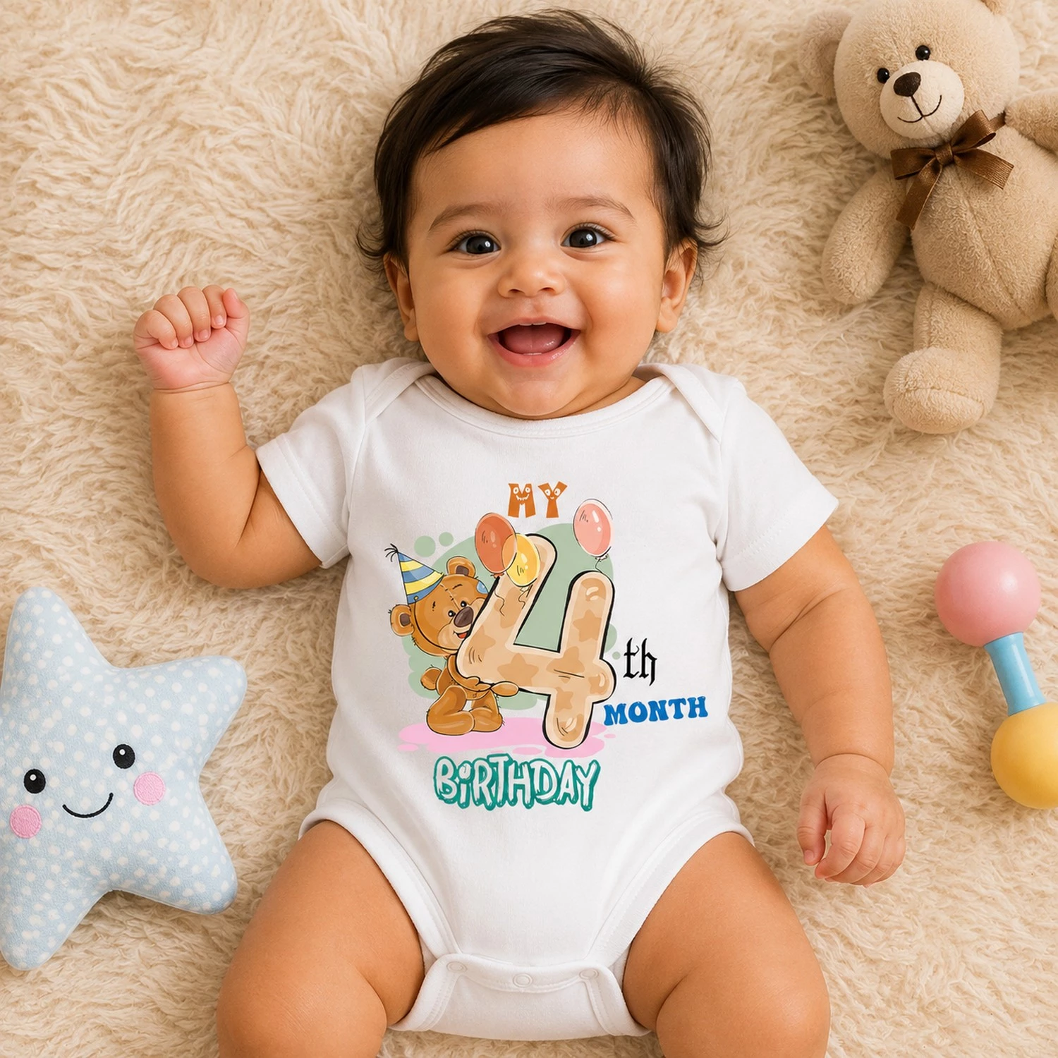 Baby wearing a 4th month birthday milestone onesie with a cute teddy bear design while lying on a bed