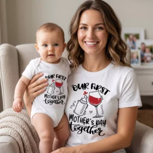 Personalized mom and baby matching t-shirt and romper set with custom baby name for first Mother’s Day celebration