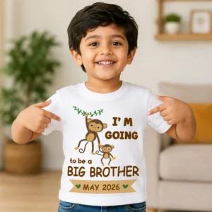 Boy wearing a white big brother announcement T-shirt with cute monkey design holding toys, perfect for pregnancy reveal