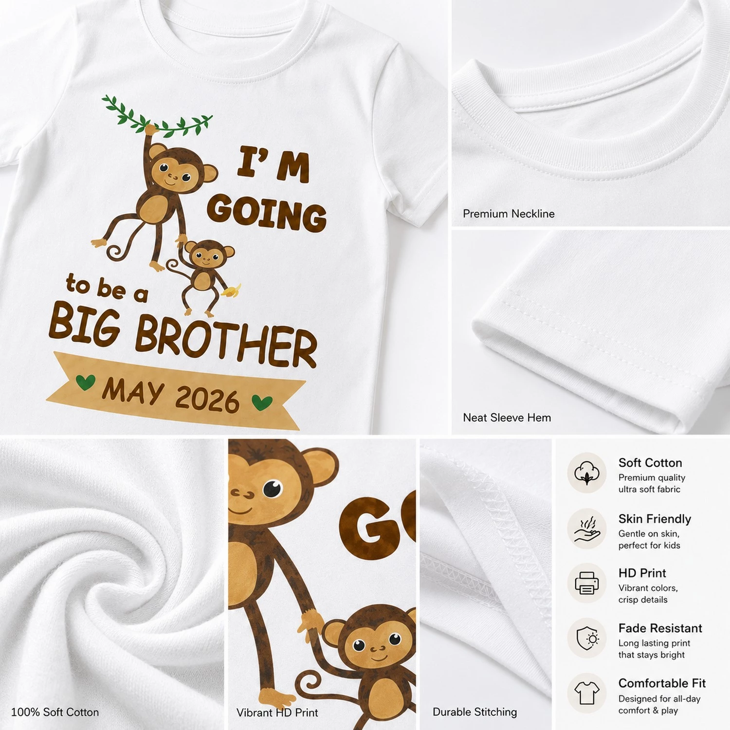 Personalized Big Brother Pregnancy Announcement T-Shirt with Due Date | Monkey Design - Image 4