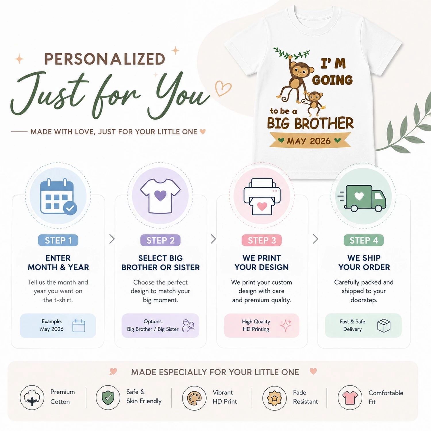 Personalized Big Brother Pregnancy Announcement T-Shirt with Due Date | Monkey Design - Image 5