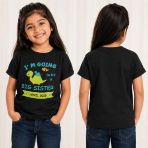 big sister announcement kids dinosaur tshirt april 2026 front back view