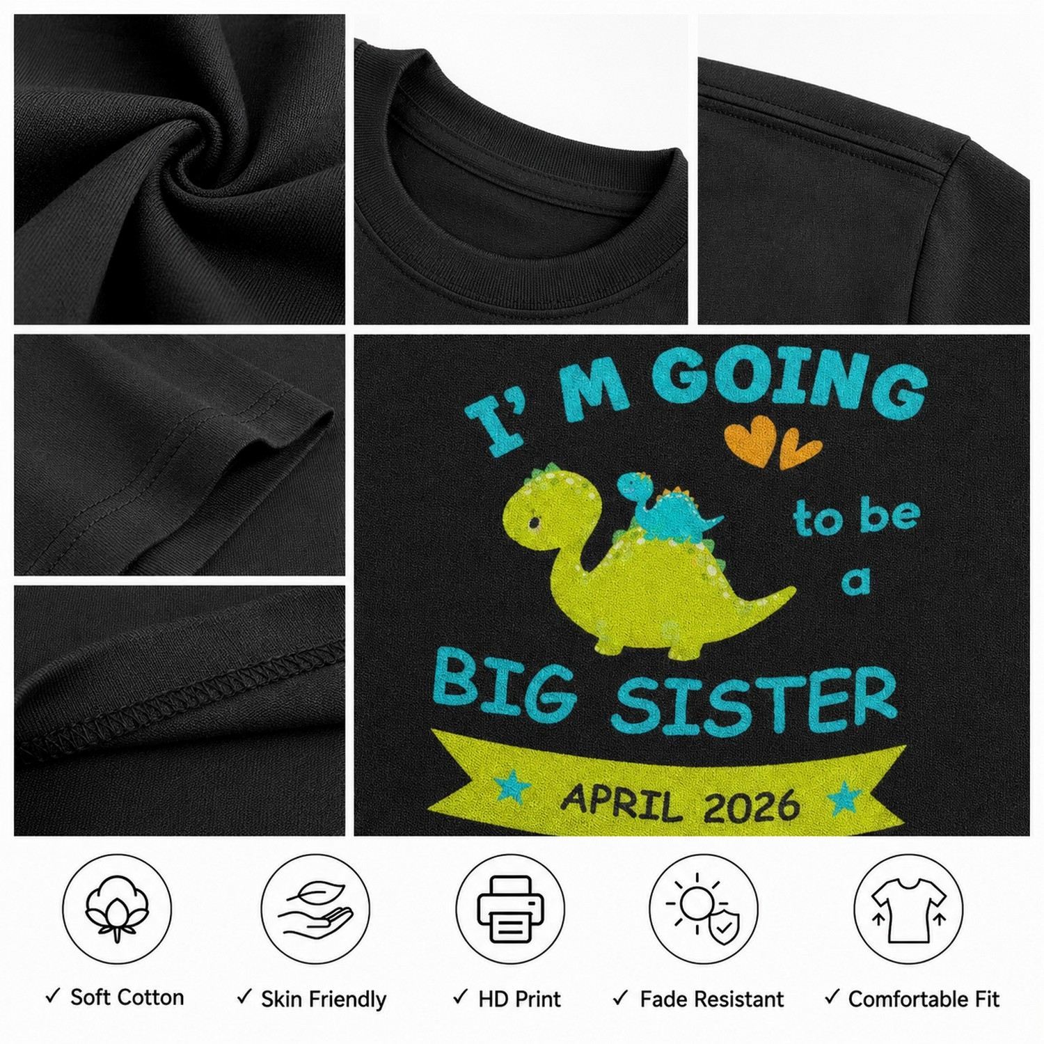 Personalized Big Sister Announcement Kids T-Shirt โ Custom Month & Year - Image 4