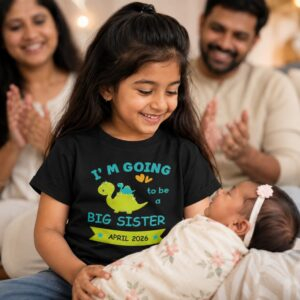 big sister announcement kids dinosaur tshirt april 2026 with baby