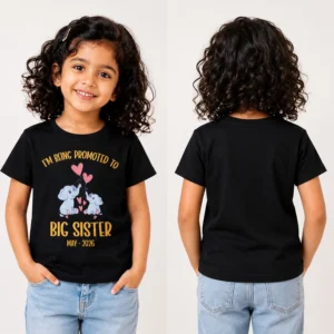 big sister announcement kids tshirt elephant design 2026 front back view