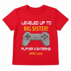 big sister announcement player 2 entering kids tshirt flatlay mockup