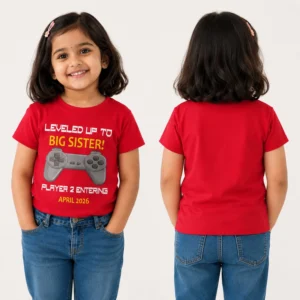 big sister announcement player 2 entering kids tshirt front back view