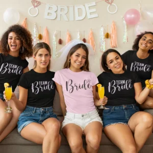 Group of women wearing matching bride and team bride t-shirts at a bachelorette party with decorations and drinks