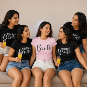 Bride in a pink Bride T-shirt and veil surrounded by friends wearing matching black Team Bride T-shirts