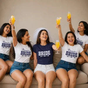 Bride wearing a navy Bride T-shirt with friends in white Team Bride T-shirts celebrating with drinks