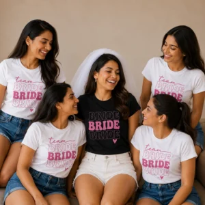 Bride wearing a black stacked Bride T-shirt with friends in matching white and pink Team Bride T-shirts
