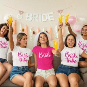 Group of women wearing matching Bride Tribe t-shirts celebrating a bachelorette party with drinks and decorations