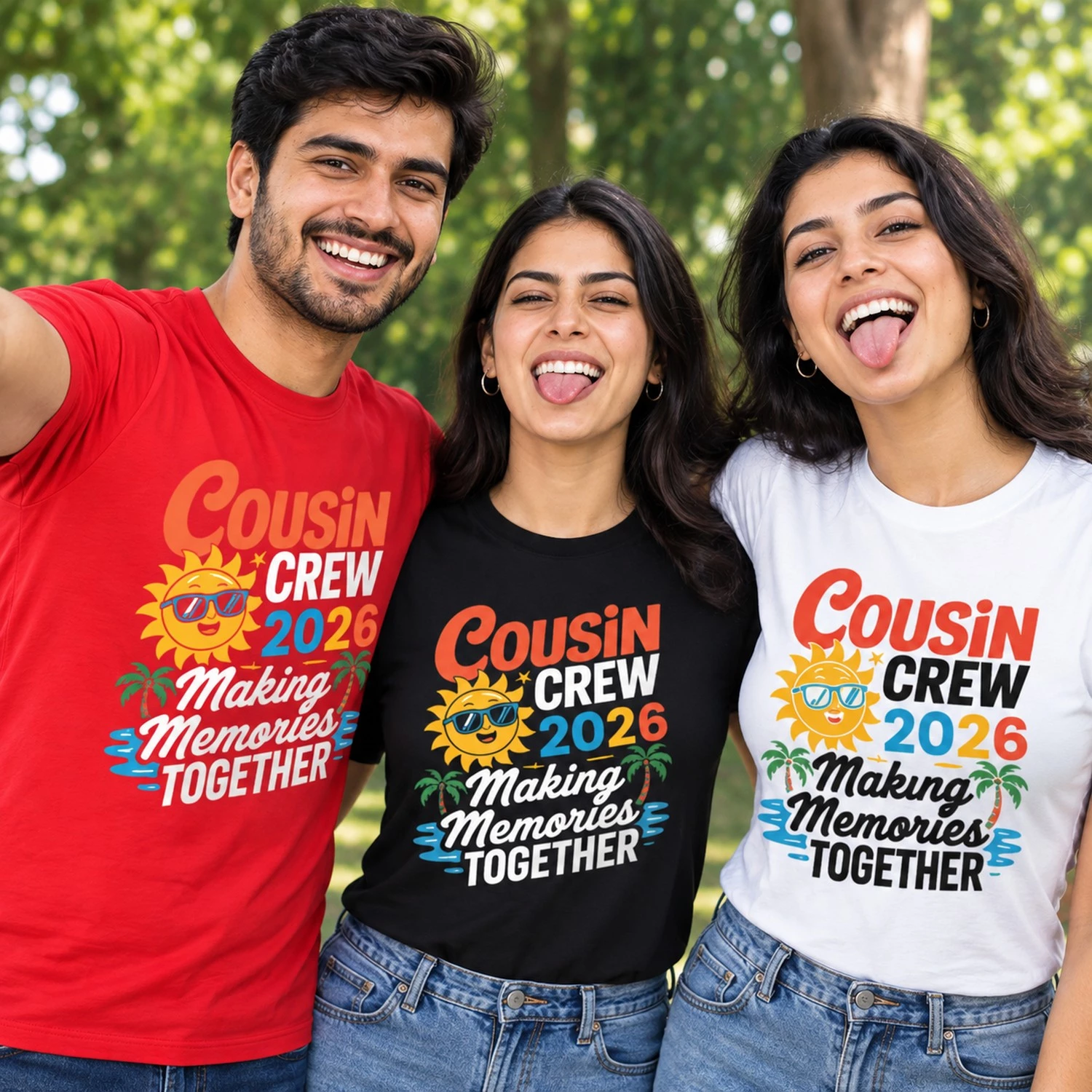 Cousins wearing matching Cousin Crew 2026 T-shirts in red, black and white with tropical Making Memories Together design