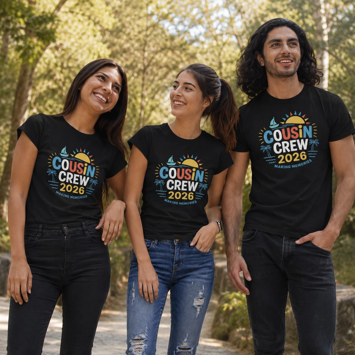 Three cousins wearing matching black Cousin Crew 2026 T-shirts with tropical sunset and Making Memories design