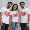 Three cousins wearing matching white Cousin Crew T-shirts featuring a bold red heart typography design
