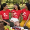 Three cousins wearing matching red Cousin Crew T-shirts with white palm tree, sun and tropical vacation design
