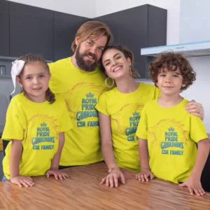 Family of four wearing matching yellow CSK-inspired T-shirts with royal pride typography design for cricket match day
