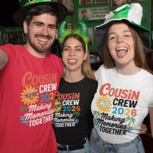 Three people wearing matching Cousin Crew 2026 t-shirts with a colorful tropical sun design, perfect for family trips and vacations