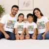 Matching white Goa Vibes family vacation T-shirts for parents and kids featuring colorful beach and tropical graphics