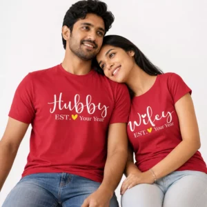 Hubby Wifey Personalised Couple T-Shirts with Names & Wedding Year | Set of 2