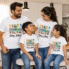 Family wearing matching white Goa Vibes vacation T-shirts with colorful tropical beach design for parents and children