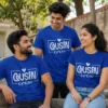 Three cousins wearing matching royal blue Cousin Crew T-shirts with simple white heart and typography design
