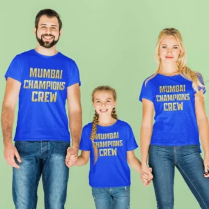 Family wearing matching blue MI Family Squad t-shirts with cricket-inspired design for parents and kids