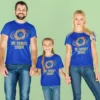 Family wearing matching blue MI Family Squad t-shirts with cricket-inspired design for parents and kids