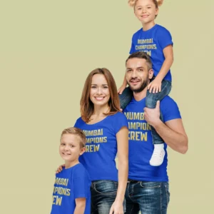 Family wearing matching blue MI Family Squad t-shirts with cricket-inspired design for parents and kids
