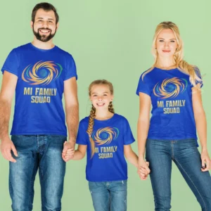 Family wearing matching blue MI Family Squad t-shirts with cricket-inspired design for parents and kids