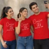 Three cousins wearing personalised red Cousin Crew Manali Trip 2026 T-shirts with minimalist white typography