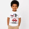 Toddler wearing a personalized white T-shirt with “Two Fast Two Curious” car design and custom name for 2nd birthday celebration
