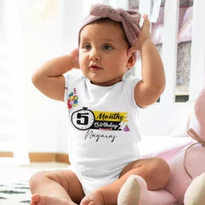 Baby girl wearing a personalized 5 months birthday onesie with custom name print, perfect for milestone photoshoot